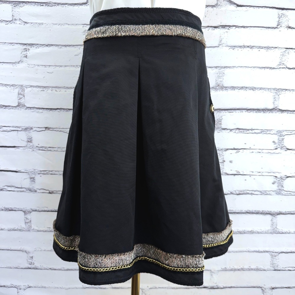 BCBGMAXAZRIA Kailin Black Pleated A-Line Skirt Metallic Tweed Trim Chain Size 10